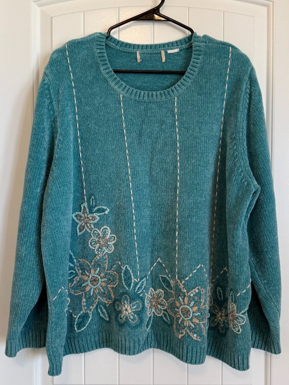 Soft teal floral embroidered sweater; a warm and cozy choice for winter days.